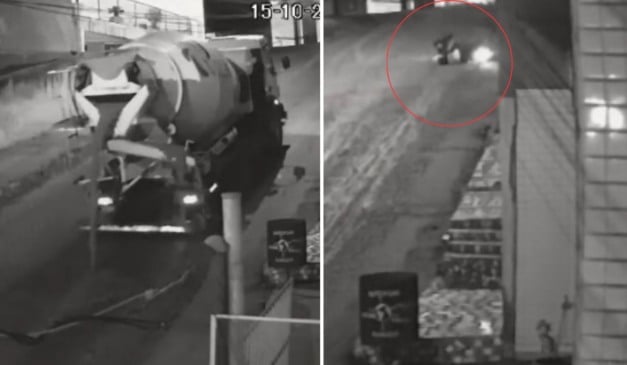 motociclista cai ao passar por concreto