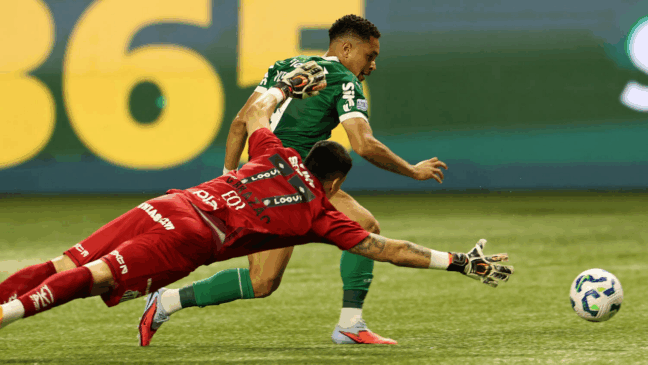 O jogador Vitor Roque, da SE Palmeiras, chuta para marcar seu gol contra a equipe do Santos FC, durante partida válida pela trigésima segunda rodada, do Campeonato Brasileiro, Série A, na arena Allianz Parque. (Foto: Cesar Greco/Palmeiras/by Canon)