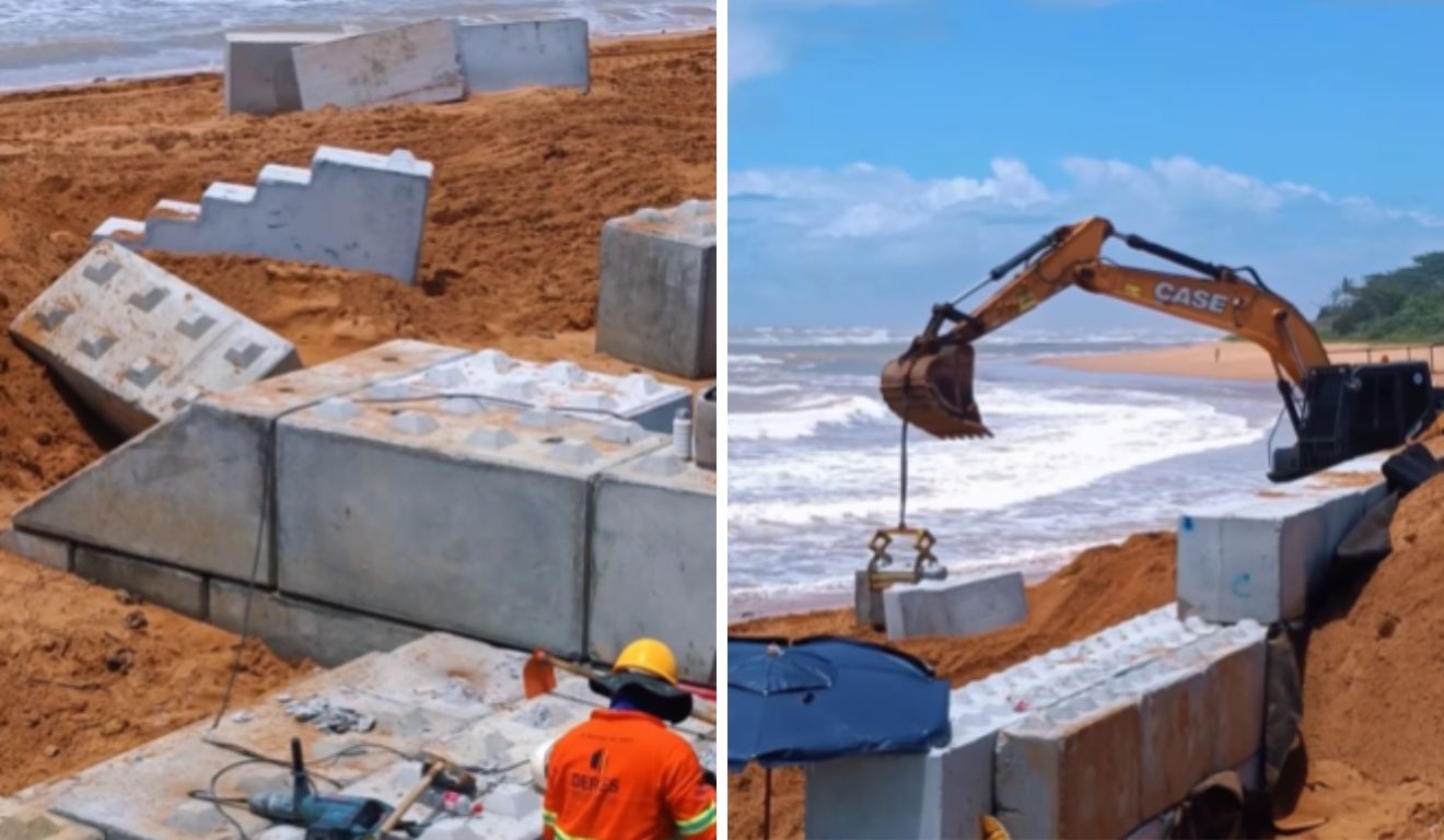 Blocos de Lego: obra contra erosão na Praia da Curva da Baleia é suspensa Blocos de Lego: obra contra erosão na Praia da Curva da Baleia é suspensa