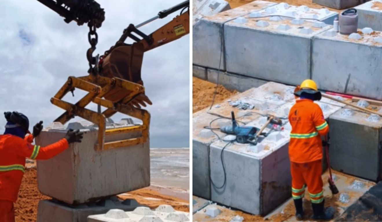 Blocos de Lego: obra contra erosão na Praia da Curva da Baleia é suspensa