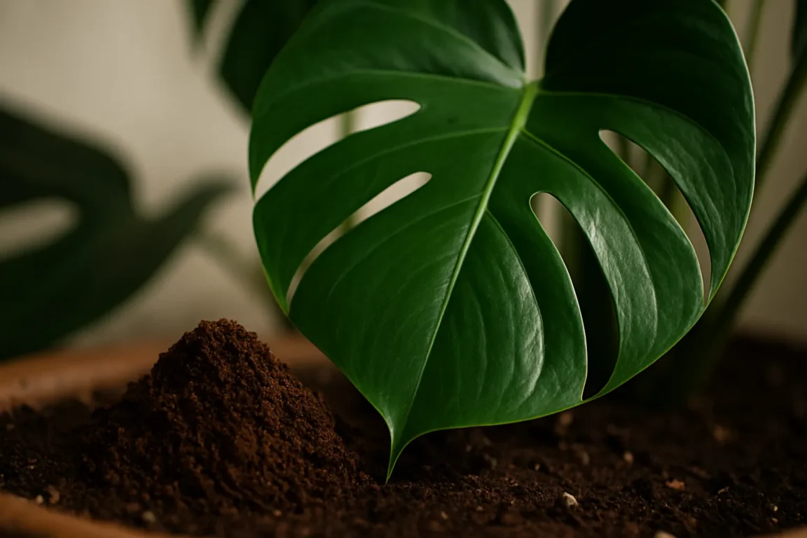 Borra de café na costela-de-adão Borra de café na costela-de-adão