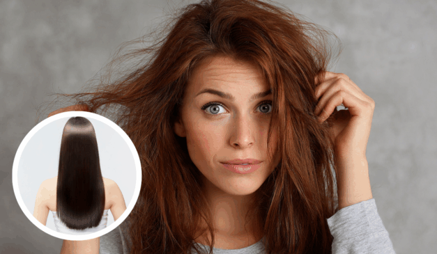 Antes e depois de um cabelo com e sem frizz.