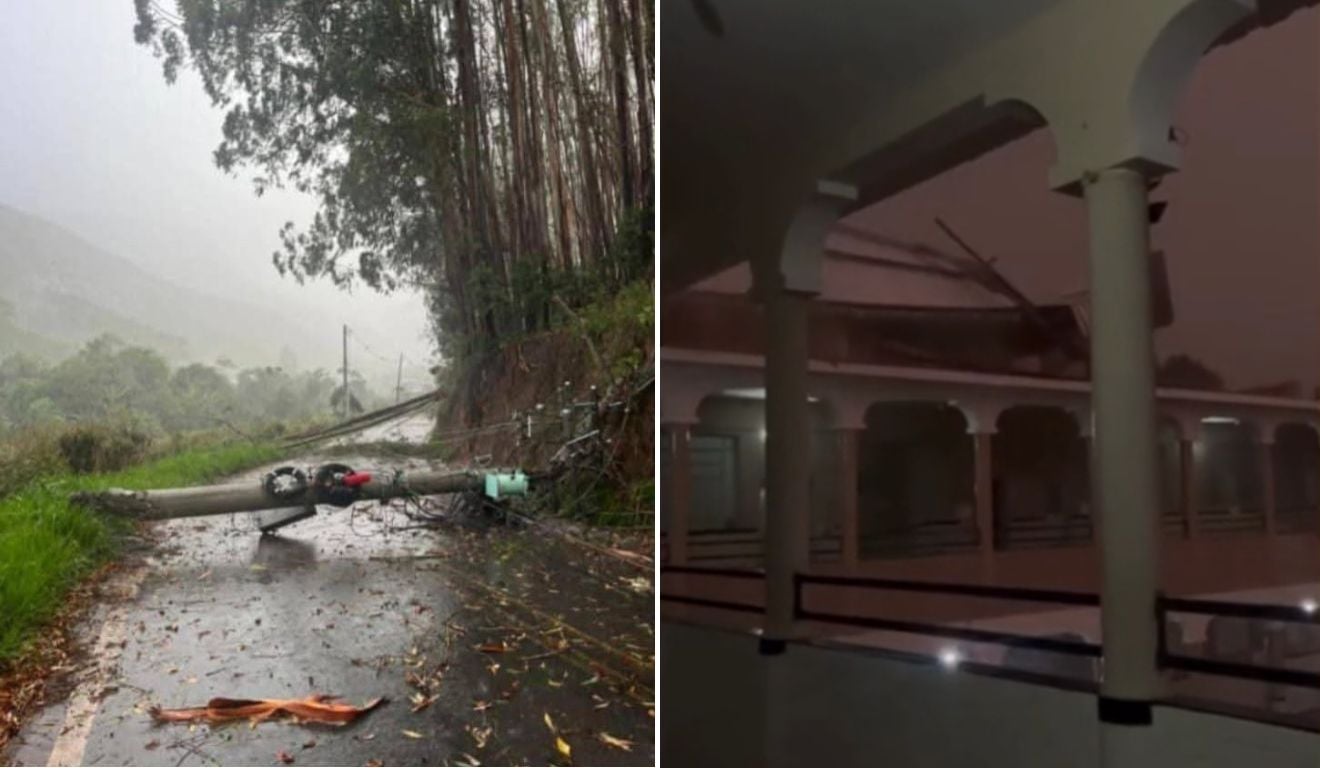 Queda de poste e telhado de faculdade arrancado foram registrados na divisa do ES com MG nesta terça. Fotos: Leitor Folha Vitória e Reprodução