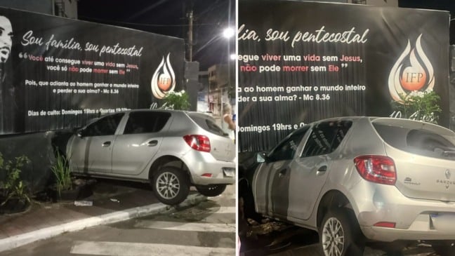 Motorista bate em muro de igreja (Foto/reprodução: TV Vitória)