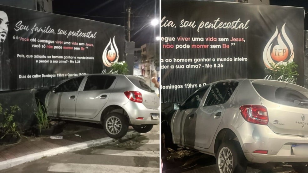 Motorista bate em muro de igreja (Foto/reprodução: TV Vitória)