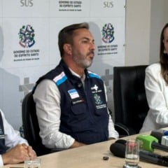 Orlei Cardoso Tyago Hoffmann e Carolina Salume durante coletiva da Sesa