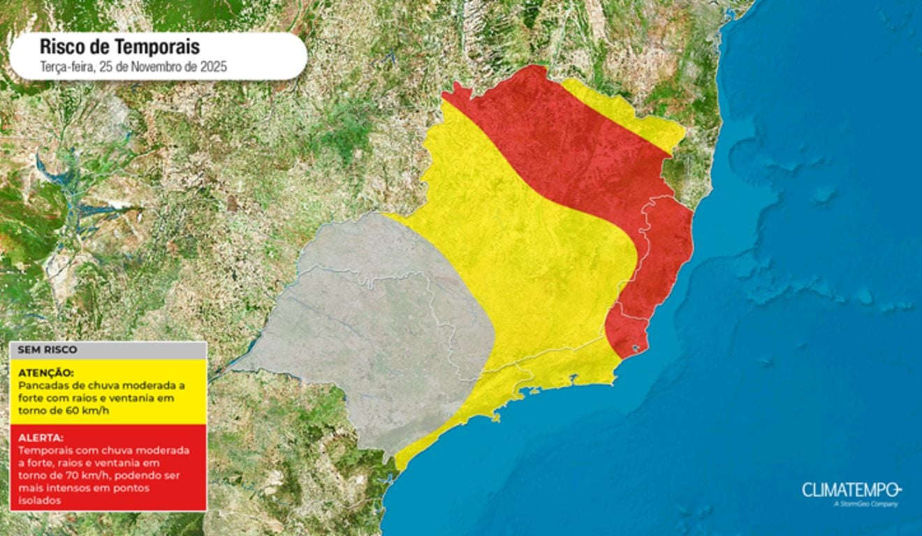 Ciclone e frente fria provocam temporais na região sudeste, incluindo todo o ES. Foto: Reprodução/Climatempo