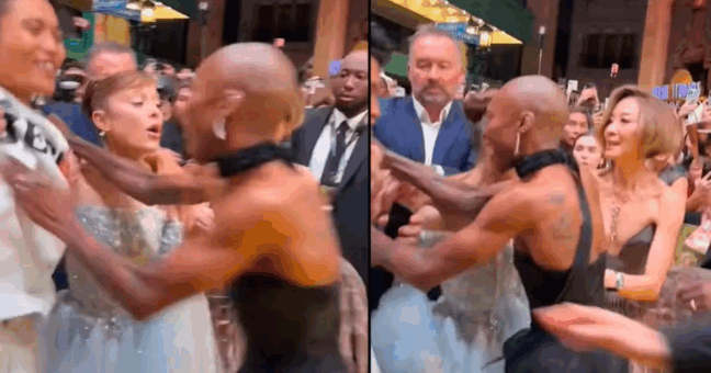 Homem pulou a barreira de proteção e correu em direção a atriz, abraçando-a pelo pescoço. (Foto: @lanagrandes via X)