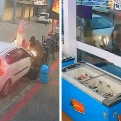 Mulher perde o controle de carro, invade sorveteria e atropela família em Guriri