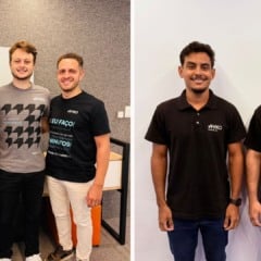 Na foto da esquerda est&aacute; o time de Inova&ccedil;&atilde;o: Valci de Oliveira, Fernando Marques Lisboa e Lucas Soares. Na foto da direita est&atilde;o Diogo Manfr&eacute;, SOC Manager, e Daniel Ribeiro, integrante da equipe. (Foto: Ayko)