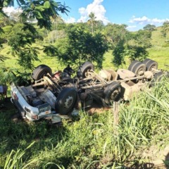 Caminh&atilde;o de abacaxi tombou e caiu de ribanceira em Cachoeiro (Foto: Redes Sociais)