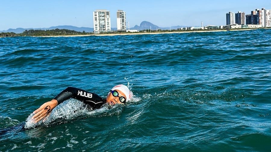 Cauã Dentinho, de 12 anos, nadou 15km na ultramaratona de águas abertas em Vila Velha. Maratona Aquática. Foto: Acervo pessoal Cauã Dentinho, de 12 anos, nadou 15km na ultramaratona de águas abertas em Vila Velha. Maratona Aquática. Foto: Acervo pessoal