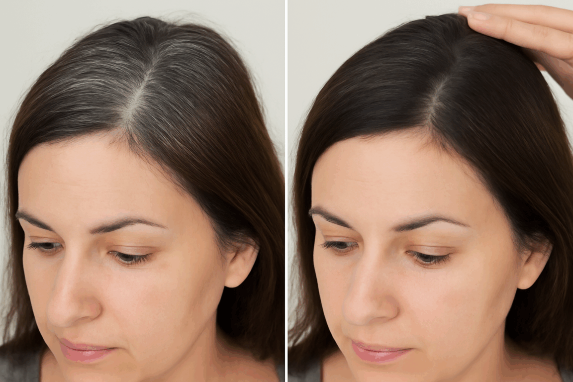 A maquiagem capilar é uma solução prática e rápida para disfarçar os fios brancos sem recorrer a tinturas ou produtos agressivos A maquiagem capilar é uma solução prática e rápida para disfarçar os fios brancos sem recorrer a tinturas ou produtos agressivos