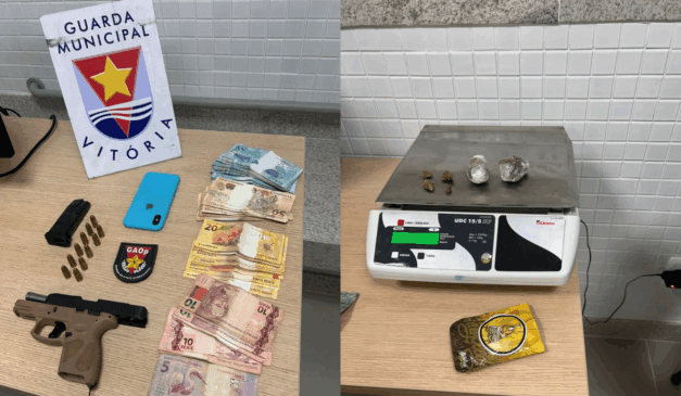 Homem de 33 anos foi preso pela Guarda Municipal de Vitória com arma, drogas e mais de R$ 5 mil durante abordagem na Segunda Ponte