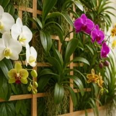 Essa combinação de orquídeas cria uma parede viva poderosa e elegante
