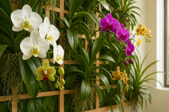 Essa combinação de orquídeas cria uma parede viva poderosa e elegante