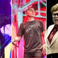 Demi Lovato, João Gomes e Elton John no Rock In Rio (Foto: montagem Folha Vitória)