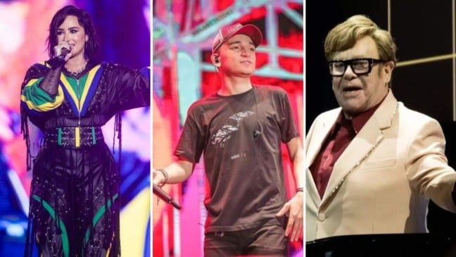 Demi Lovato, João Gomes e Elton John no Rock In Rio (Foto: montagem Folha Vitória)