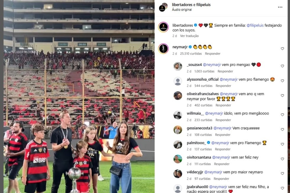 Neymar comenta postagem do títullo do Flamengo e agira torcida