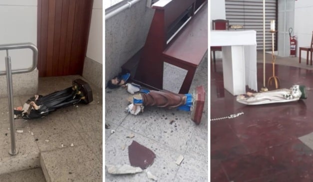 Imagens vandalizadas na Igreja Santa Rita. Foto: Reprodução de vídeo/Armandinho Fontoura