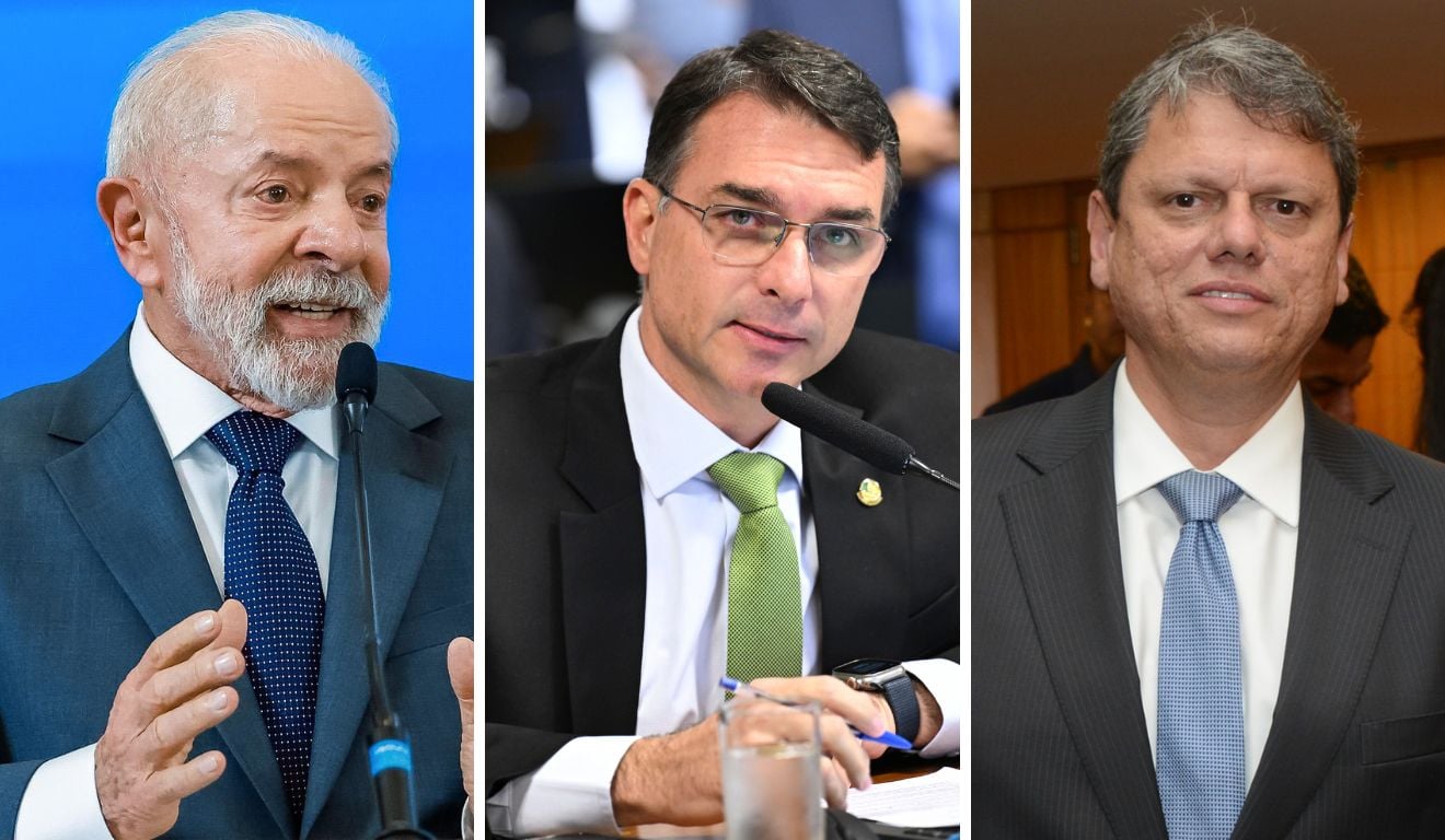Lula, Flávio Bolsonaro e Tarcísio de Freitas. Fotomontagem: Ricardo Stuckert/PR, Edilson Rodrigues/Agência Senado e Secovi São Paulo/Divulgação Lula, Flávio Bolsonaro e Tarcísio de Freitas. Fotomontagem: Ricardo Stuckert/PR, Edilson Rodrigues/Agência Senado e Secovi São Paulo/Divulgação