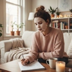 Mulher em momento de autocuidado escreve suas metas de Ano Novo. Foto: Gerada pelo Gemini