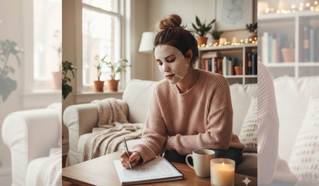 Mulher em momento de autocuidado escreve suas metas de Ano Novo. Foto: Gerada pelo Gemini