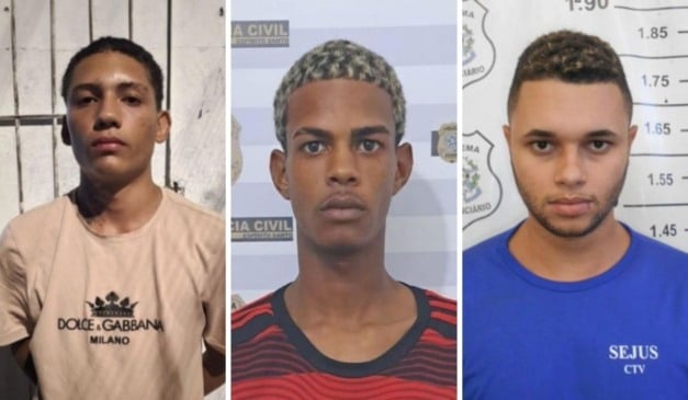 Os presos Cristiano Oliveira Santos e Levi de Oliveira Santos, e o foragido identificado Daniel Bastos dos Santos. Foto: Divulgação/PCES