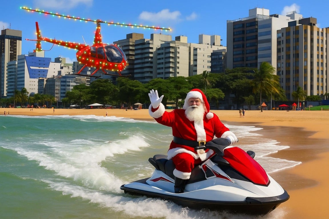 Papai Noel chega de helicóptero e jet ski no Parque Aberto. Foto: Imagem gerada por IA Papai Noel chega de helicóptero e jet ski no Parque Aberto. Foto: Imagem gerada por IA