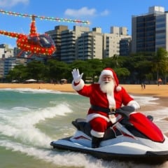 Papai Noel chega de helicóptero e jet ski no Parque Aberto. Foto: Imagem gerada por IA