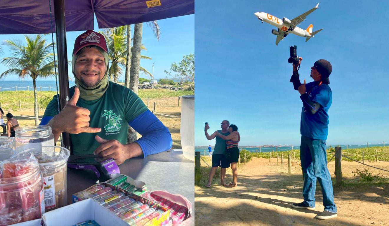 Vagner Silva (esq.) tira fotos dos clientes com os aviões Vagner Silva (esq.) tira fotos dos clientes com os aviões