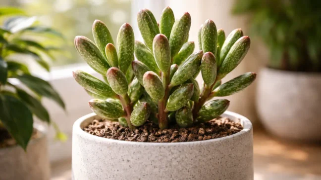 Adromischus filicaulis abrindo as folhas o “ponto exato” de sol direto que quase ninguém acerta