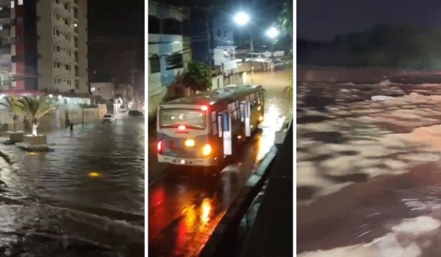 Alagamentos provocaram transtornos em Guarapari na noite deste domingo (4). Fotos: Reprodução/TV Vitória.