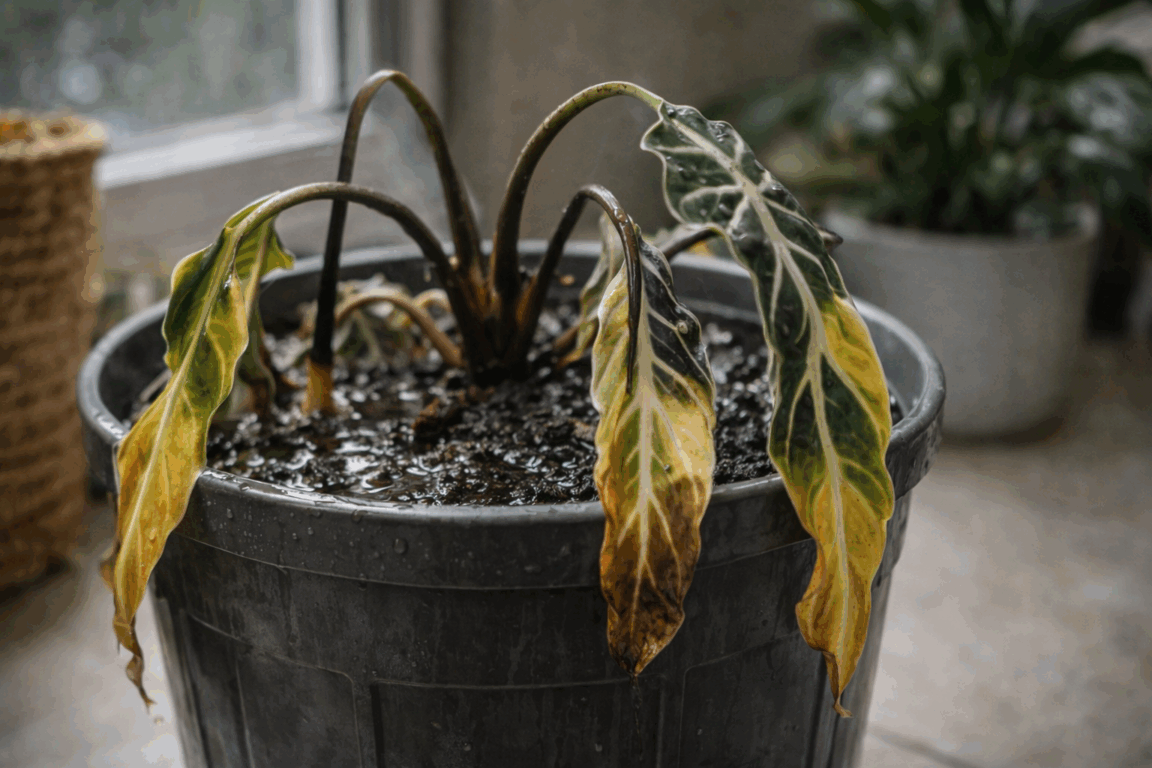Alocasia-polly 3 dias fatais de excesso de água que derrubam a planta sem aviso Alocasia-polly 3 dias fatais de excesso de água que derrubam a planta sem aviso