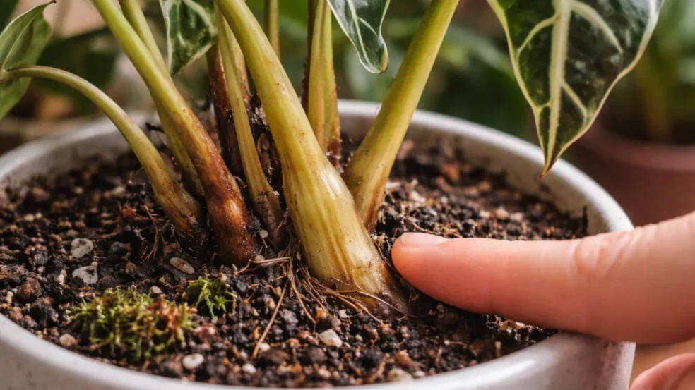 Alocasia-polly caule amolecendo O excesso de umidade que aparece antes do apodrecimento total Alocasia-polly caule amolecendo O excesso de umidade que aparece antes do apodrecimento total