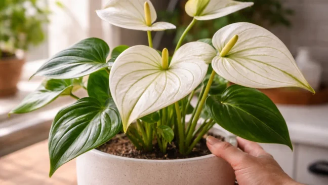 Antúrio de folha branca nervuras opacas A luz repetida no mesmo ângulo é a armadilha