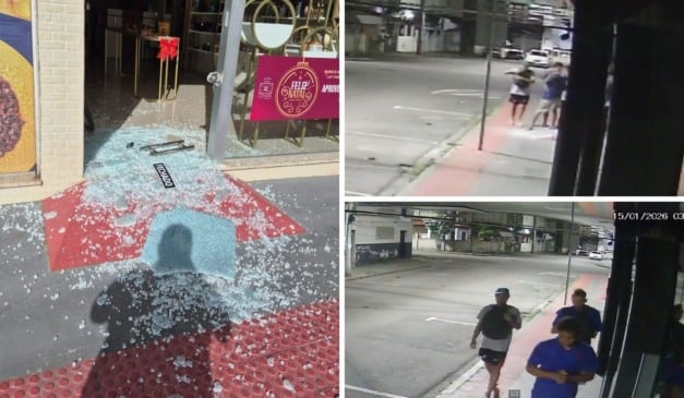 Os três suspeitos quebraram o vidro do estabelecimento e fugiram com produtos e câmera de monitoramento. Foto: Reprodução/TV Vitória