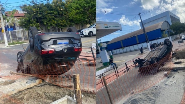 Carro capotou quando motorista tentou desviar de placa de sinalização (Foto: Reprodução / TV Vitória)