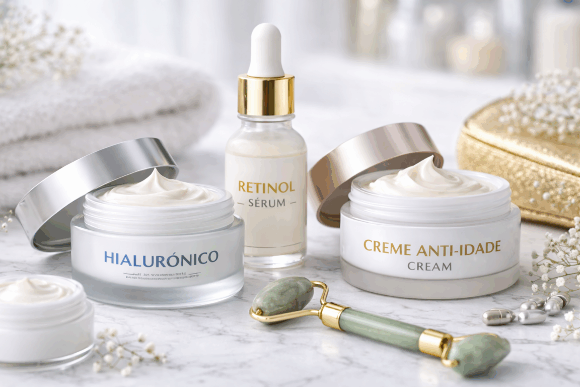 Produtos acessíveis fazem parte da rotina de cuidados com a pele e ajudam a suavizar sinais do envelhecimento/ChatGPT Produtos acessíveis fazem parte da rotina de cuidados com a pele e ajudam a suavizar sinais do envelhecimento/ChatGPT