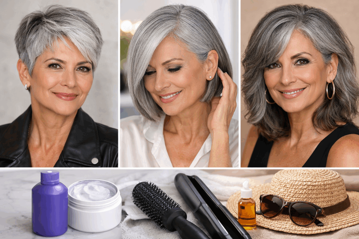 Cortes modernos realçam a cor natural e trazem movimento aos cabelos grisalhos de mulheres acima de 40 anos/ ChatGPT Cortes modernos realçam a cor natural e trazem movimento aos cabelos grisalhos de mulheres acima de 40 anos/ ChatGPT