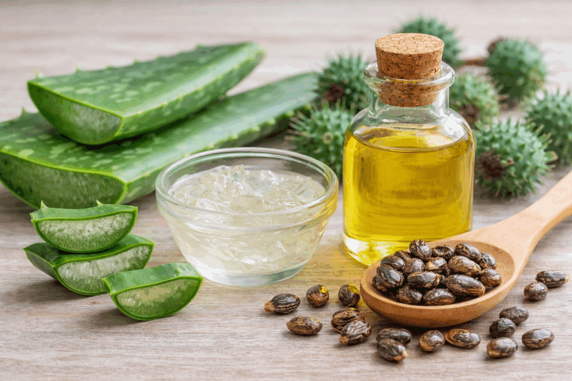 Babosa e óleo de rícino são ingredientes naturais usados tradicionalmente no cuidado com cabelos finos e frágeis/ChatGPT Babosa e óleo de rícino são ingredientes naturais usados tradicionalmente no cuidado com cabelos finos e frágeis/ChatGPT