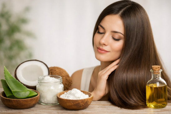 Ingredientes naturais, como babosa, óleo de coco e amido de milho, são usados em cuidados capilares para reduzir o ressecamento, alinhar os fios e preservar a saúde do cabelo sem química agressiva./ ChatGPT