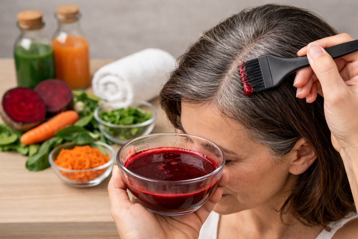 Soluções naturais são usadas para disfarçar fios grisalhos de forma temporária e sem química intensa./ ChatGPT Soluções naturais são usadas para disfarçar fios grisalhos de forma temporária e sem química intensa./ ChatGPT