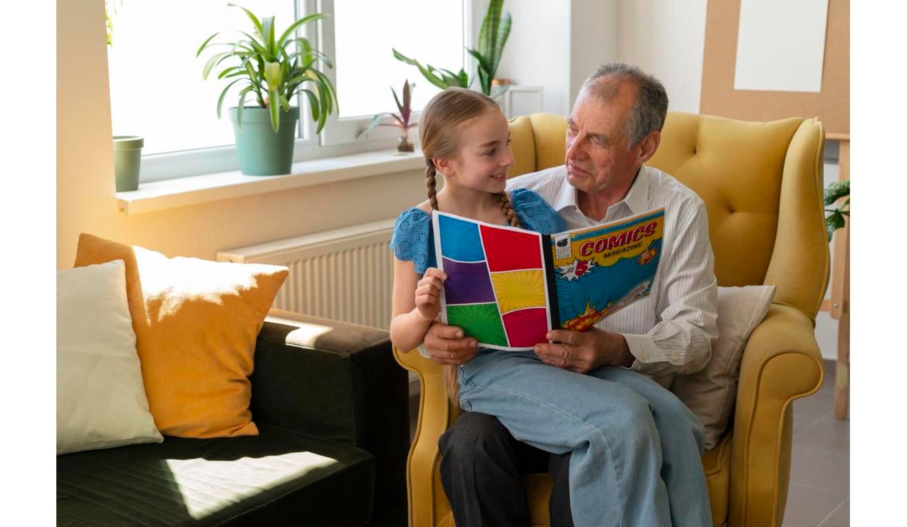 Idoso e criança leem juntos Idoso e criança leem juntos