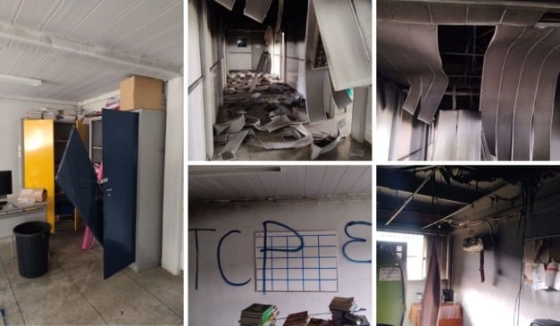 Escola municipal de Viana após arrombamento, princípio de incêndio e pichação
