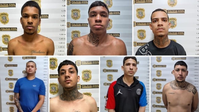 Da esquerda para direita Angelo Pereira, Breno Henrique, Daniel Amorim, Edilson Oliveira, Lucas Rafascki, Jeferson Vergueiro e Robert Gomes (Foto: Polícia Civil)