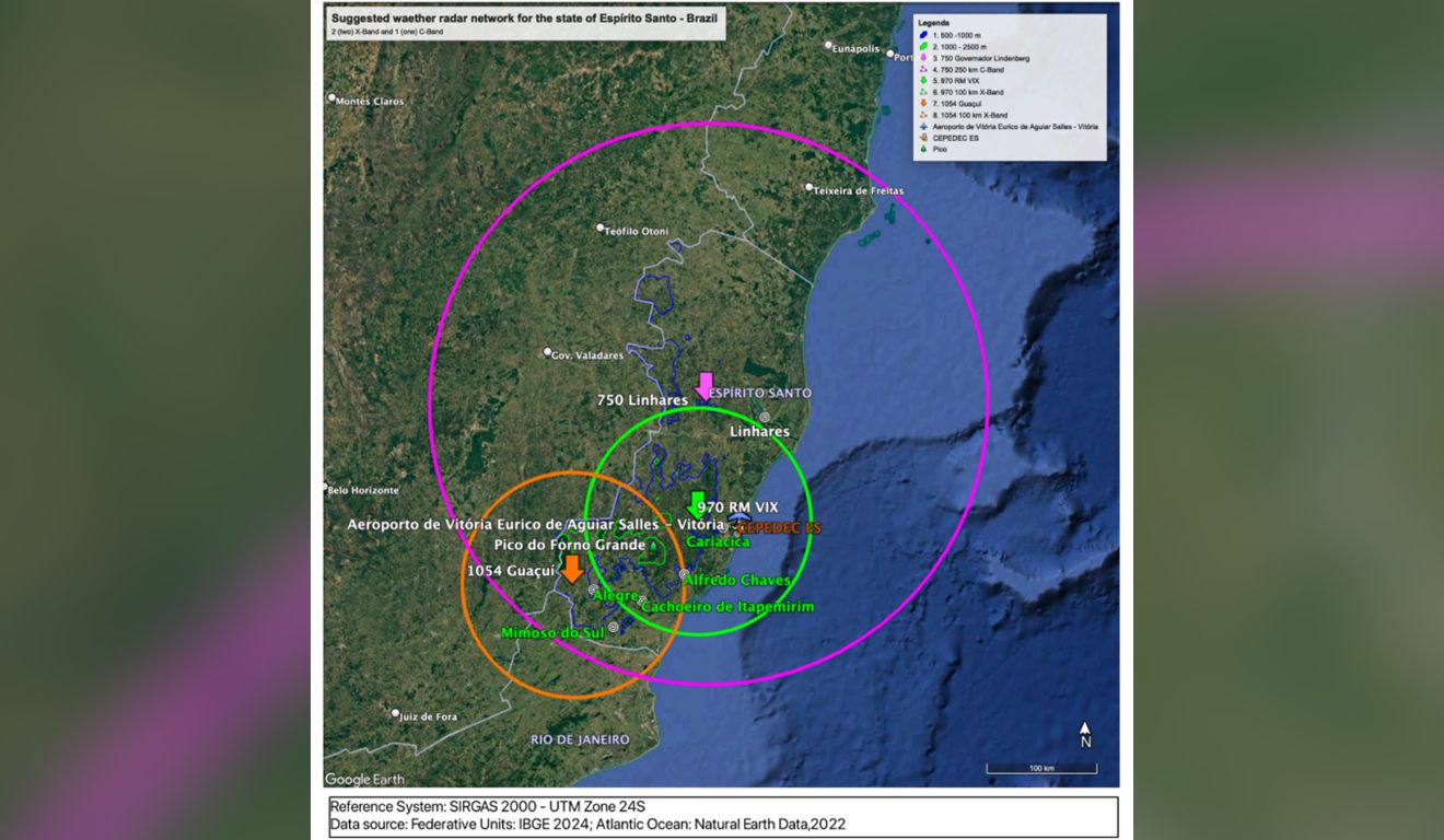 Imagem demonstra como será o alcance dos 3 radares meteorológicos que serão instalados do ES