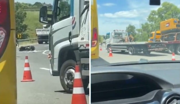 Mulher morreu em acidente entre moto e caminhão na Rodovia do Sol, em Guarapari. Fotos: Reprodução/TV Vitória