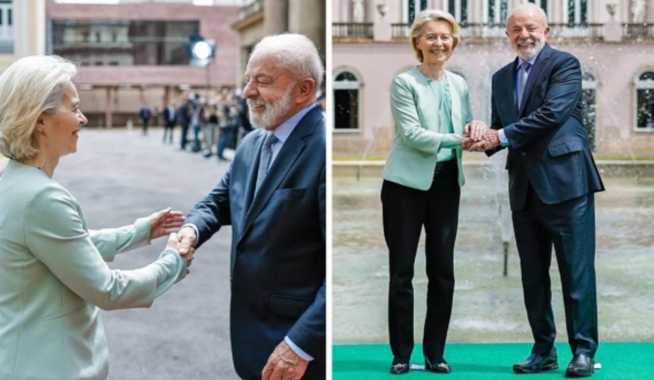 O presidente Lula ao lado da presidente da Comissão Europeia, Ursula von der Leyen, em meio às negociações do acordo Mercosul-UE. O presidente Lula ao lado da presidente da Comissão Europeia, Ursula von der Leyen, em meio às negociações do acordo Mercosul-UE.