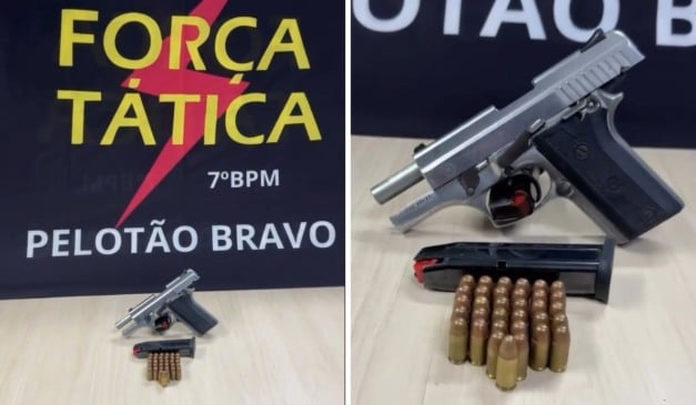 Arma, carregador e munições apreendidos pela Força Tática em Flexal I